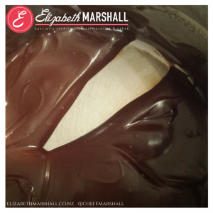 Picture of Elizabeth Marshall Wellington specialty cooking classes catering & cakes MasterChef New Zealand Chocolate Custard Pudding thickness shot