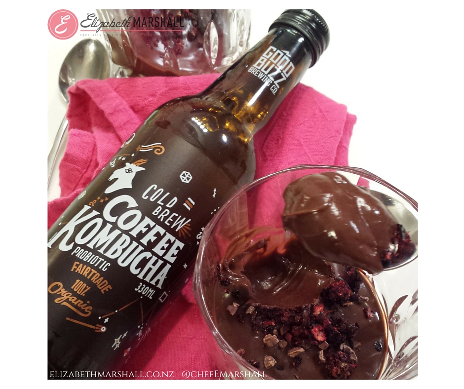 Picture of Elizabeth Marshall's (Wellington specialty cooking classes catering & cakes MasterChef New Zealand) Chocolate Custard Pudding with goodbuzz coffee kombucha